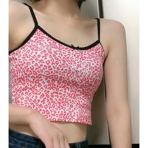 Slim Girl O Neck Short Camis 2021 Summer Fashion Ladies High Street Women Pink Leopard Print Bottoming Shirt Small Strap