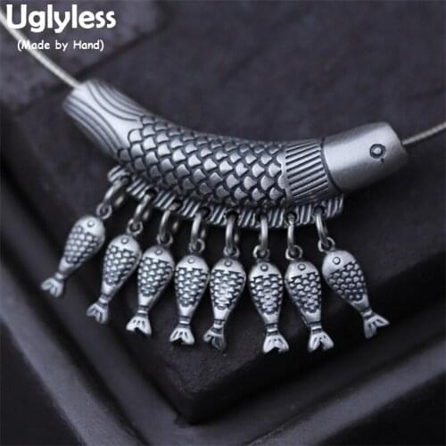 Uglyless Real S990 Silver Fine Jewelry for Women Ethnic Carve Fishes Tassel Pendant Necklace without Chain Vintage Elbow Jewelry