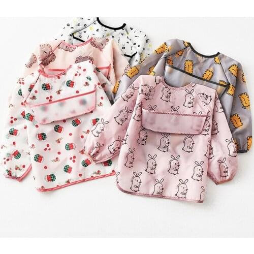 Waterproof Baby Aprons Feeding Bibs Cartoon Print Long Sleeve Art Smock For Kids Chest Protection Infant Burp Cloth Banana Bibs