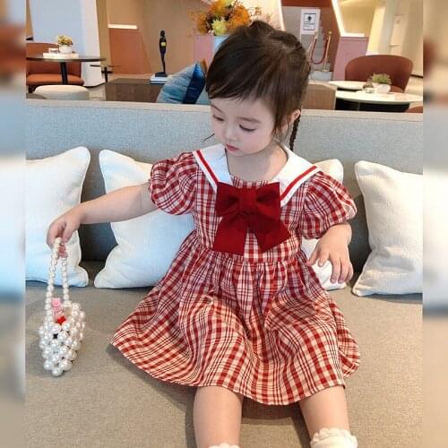 College style girls skirt 2021 new childrens summer Korean version of the red plaid baby dress kids clothes
