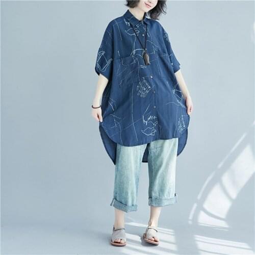 QPFJQD Ladies Summer New Cotton Linen Blue Long Shirts Plus Size Women Print Irregular Vintage Tops Blouse Turn-Down Collar