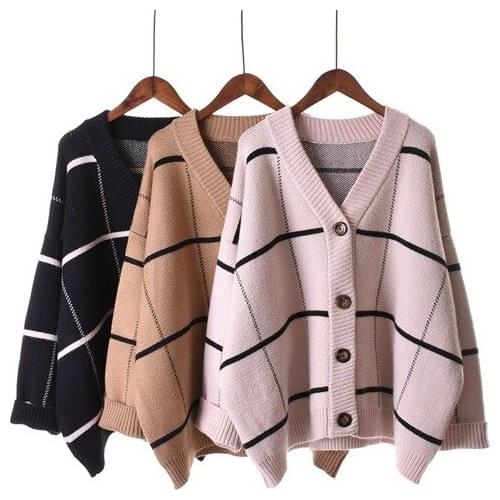 Plaid sweater cardigan woman in autumn and winter long style loose version of student 2018 new lazy knitting jacket 5058