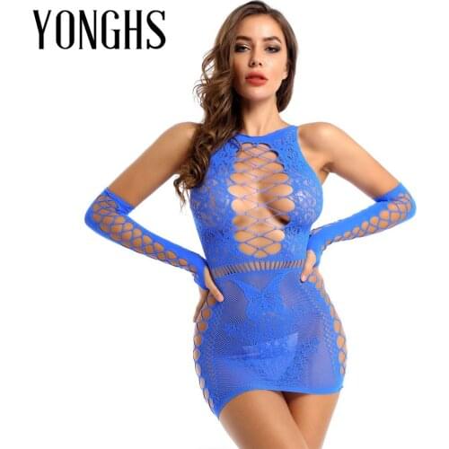 Womens Hollow Out Butterfly Bodycon Dress Lingerie Erotic Clothing See-Through Fishnet Sleeveless Dress Clubwear with Oversleeve