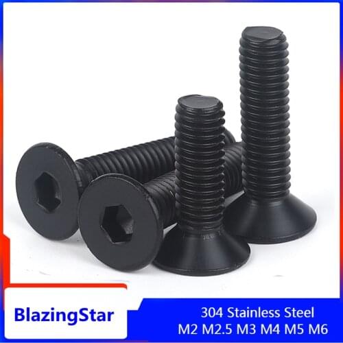 10-50PCS M2 M2.5 M3 M4 M5 M6 Black 304 Stainless Steel Hexagon Socket Flat Countersunk Head Screw Hex Socket Bolts Machine Screw