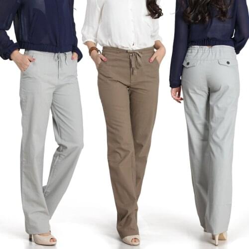 New Women cotton linen pants straight pants waist trousers breathable comfort wide leg pants female plus size