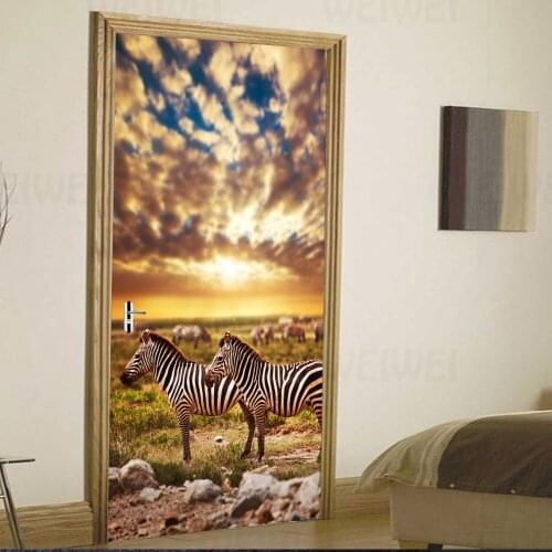 Zebra Grassland Landscape Animal Decoration Decals Home Decoration Door Stickers Bedroom Living Room Decoration Self-Adhesive