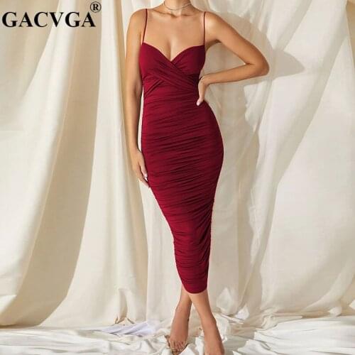 GACVGA Backless Ruched Midi Dress White Black Sleeveless Elastic Summer Autumn Sexy Party Dresses Lady Streetwear Vestidos Traf