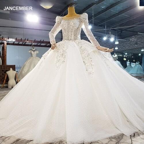 HTL2152 Luxury White Round Neck Bridal Wedding Dress Transparent Lace Puff Sleeve Metal Sequins Beading Wedding Gown