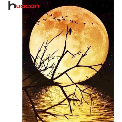 Huacan Diy Diamond Painting Moon Home Decor Diamond Embroidery Mosaic Night Lake Scenery Wall Stickers
