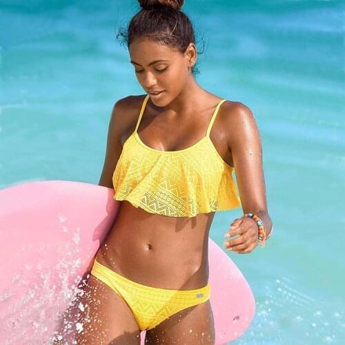 Yellow/Black/White/Red/Green Solid Bikini Set Sexy Low Waist Mesh Beach Swimwear Women Lace Up Flounce Summer Brazilian Swimsuit