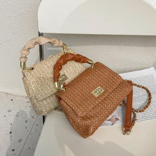 Fashion Ruched Handle Straw Bag Rattan Women Handbags Wicker Woven Shoulder Crossbody Bags Summer Beach Bag Lady Large Tote 2021