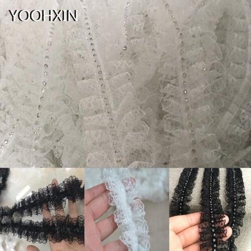 Fashion Rhinestone Embroidery White black flower mesh lace fabric trim ribbon DIY sewing applique collar guipure wedding decor