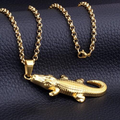 LUXUSTEEL Stainless Steel Men Necklace Animal Jewelry Wholesale Gold Color Crocodile Shape Big Statement Pendants & Necklaces