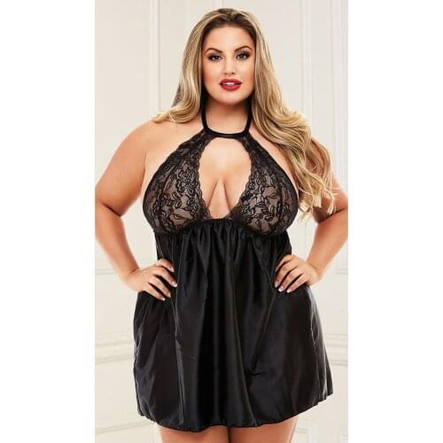 Hollow Out Lace Nightdress Plus Size Women Sexy Nightwear Backless Halter Splicing Mini Night Dress See Through Exotic Underwear