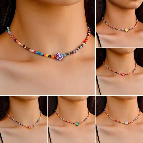 Trendy Bead Strand Beaded Choker Necklace For Women Bohemian Colorful Handmade Short Daisy Pearl Necklace Collar Jewelry