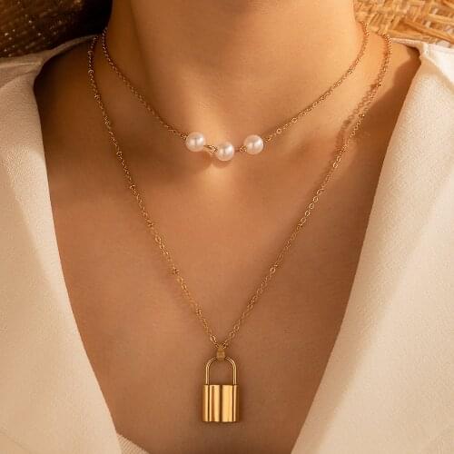 Tocona Luxury Pearl Stone Lock Pendant Necklace for Women Chams Multilayer Gold Color Alloy Metal Party Jewelry Collar 16279