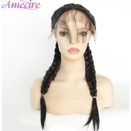 Double Braids Synthetic Braided Lace Front Wig with Baby Hair Wig Heat Resistant Fiber Middle Part Wig for Black Woman