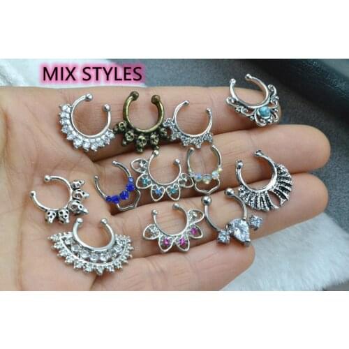 Lot50pcs Punk Clip On Fake Nose Hoop Rings Cheat Nose Septum Ring No Hole Non Piercing Body Jewelry Mix Styles