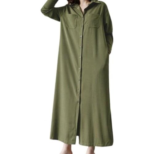 Turn-Down Collar Maxi Dress Long Sleeve Women Solid Color Buttons Party Dress Ladies Clothing