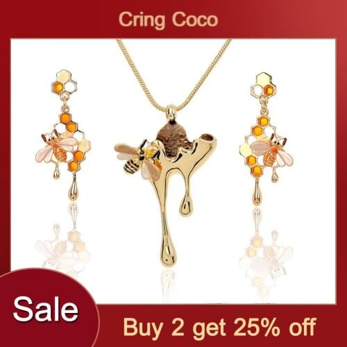 Cring Coco Gold Plated Bee Rings Set Jewelery Fashion Enamel Honey Pendant Necklace Earing Sets for Women 2020 Chain Necklaces