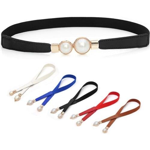 Women Double Pearl Belt Female Black Red White PU Leather Dress Skirt Waist Elastic Thin Belts Ladies Designer Waistband