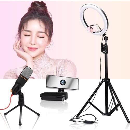 26cm LED Light Ring Photography Fill Light 2m Tripod Stand Mini Computer HD 1080P Webcam Handheld Microphone For Makeup Youtube