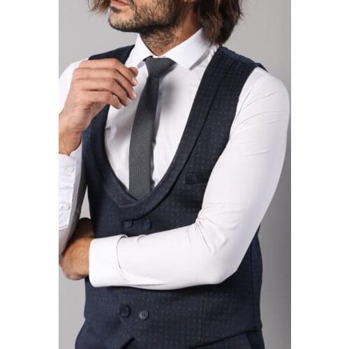 Patterned Double Breasted Dark Navy Waistcoat & Trousers