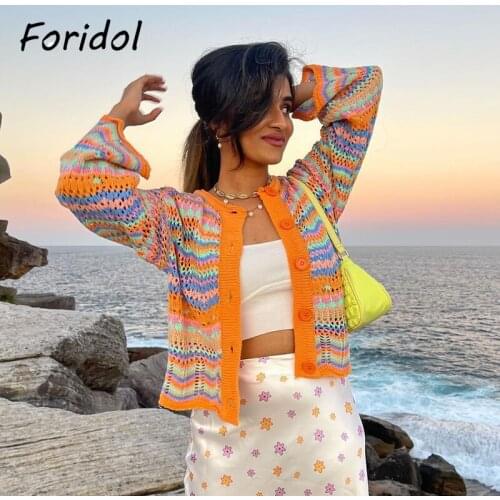 Foridol Striped Knitted Rainbow Orange Sweater Cardigans Hollow Out Button Up Short Casual Autumn Winter Vinatge Cardigans 2021
