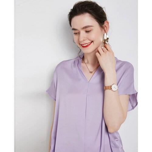 Mullberry silk v-neck short sleeve t-shirt women 2020 Summer solid temperament loose silk short sleeve t-shirt summer 20215