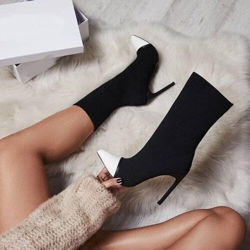 Sock Boots for Women Shoes Ankle Boots Glitter Mix Color Sexy Boot Black White Botas Ladies Shoes Plus Size 42