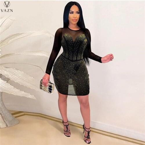 VAZN New 2021 Ladies Fashion High Street Style Short Dress Long Sleeve Round Collar Dress Appliques Hollow Out Mini Short Dress