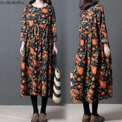 AreMoMuWha 2019 Spring Autumn New Large Size Womens Dress Thin Section Cotton and Linen Maple Leaf Print Loose Slim Dress MH279