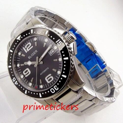 Automatic movement BLIGER 40mm black dial mental strap date window rotating bezel mens watch