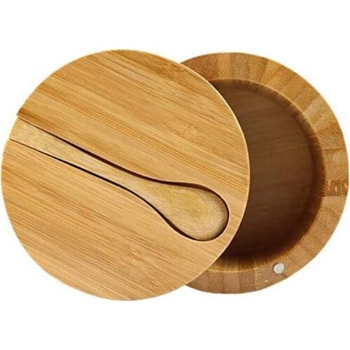 Bamboo Seasoning Box with Spoon Rotating Cover Bamboo Seasoning Pot Magnetic Suction Seasoning Pot Single Cell Salt Box