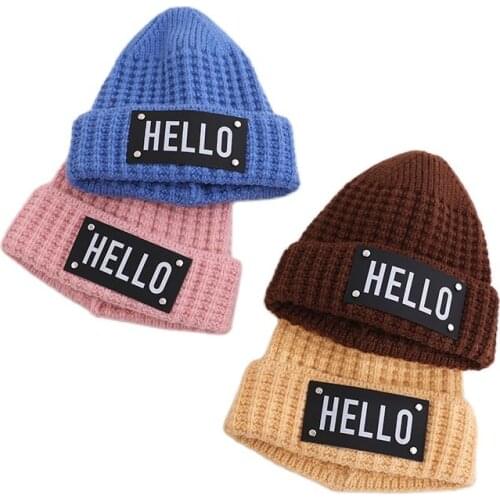 Doitbest Winter hat for kids beanies HELLO Letters Child knit Beanie hats warm baby kid girls Earflap caps For 2 to 6 Years old