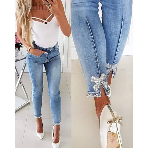 High Quality Zipper Design Bowknot Detail Jeans High Waist Sexy Push Up Slim Long Pants