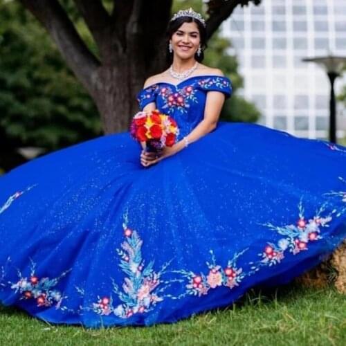 Royal Blue Mexcian Quinceanera Dress Charro Floral Lace Off The Shoulder Ball Gowns Prom Dress Ball Gowns Prom Party Vestidos