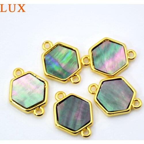 Mystic Petite Black Shell Bezel Hexagon Double Bail Charm Pendant Connector,Shell Gold Bezel Bezel jewelry