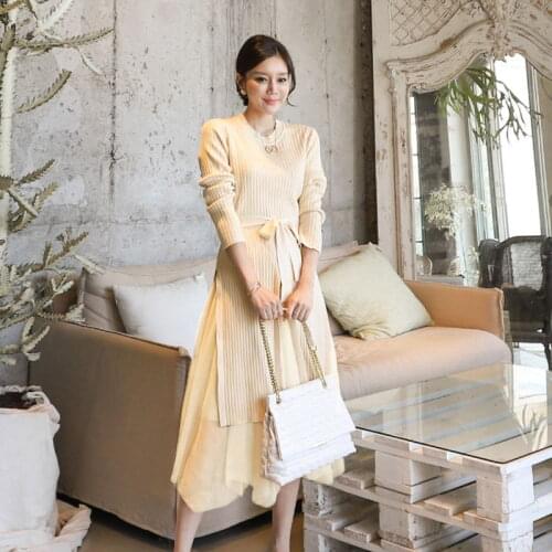 Fashion Knitting Black Dress Autumn Women Sweater Dresses Clothes Lace Up Ropa Mujer Patchwork Mesh Elegant Office Lady Vestido