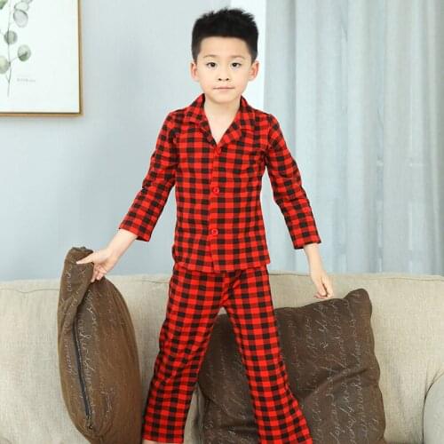 Kaiya Angle Hot Sale Christmas Outfits Boutique Red Black Plaid Pajamas Turn-down Collar Button 2PCS Toddler Baby Boys Clothes