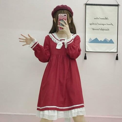 Vintage Style Women Long Sleeve Sailor Collar Dress Loose Cute Women Dress Autumn Women Fashion One Piece Sweet Girls