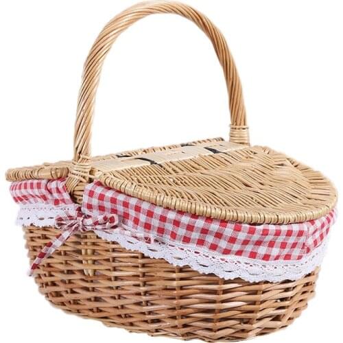 LBER Country Style Wicker Picnic Basket Hamper with Lid and Handle & Liners for Picnics, Parties and BBQs