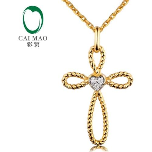 Caimao Twisted Rope Cross Heart Shape Natural Diamonds Real 14k 585 Yellow Gold Pendant for Women