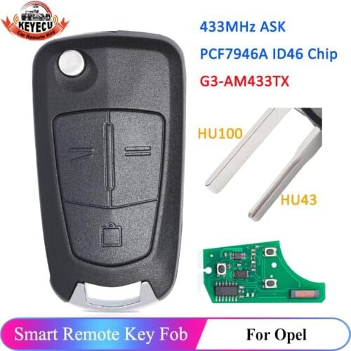 KEYECU Smart Flip 3 Button Remote Key Fob 433MHz PCF7946 ID46 for Vauxhall Opel Vectra C Signum 2003 2004 2005-2007 HU43 HU100