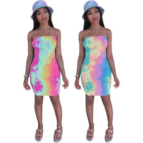 Rainbow tie-dye slash neck dress strapless off shoulder sexy 2020 summer women clothes slim party elegant streetwear mini dress