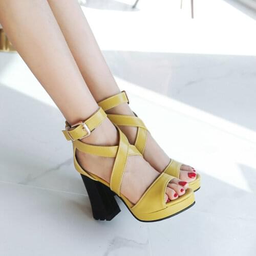 Biggest Size 33-50 Women Black White Yellow Gladiator Sandals Chunky High Heels Summer Shoe Woman Goth Ankle Buckle Strap Sandal