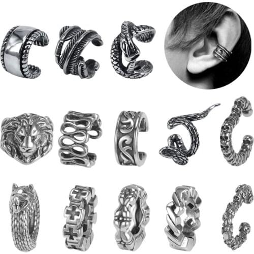2Pcs Snake Stainless Steel Cuff Earrings for Men Punk Cross Lion Ear Clip Earrings Non Pierced Fake Cartilage Earrings Jewelry