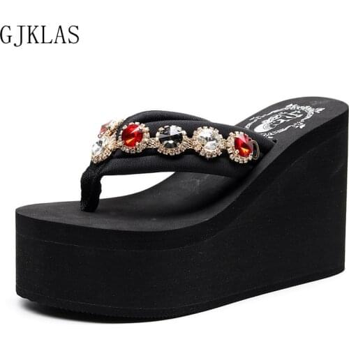 Wedges Platform Shoes Women High Heels Slippers Casuales Summer Shoes for Women Beach Comfy Crystal Sandal Black Heels Slipper
