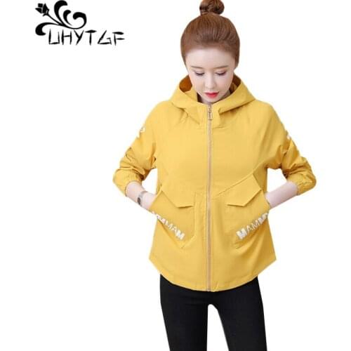 UHYTGF windbreaker women 2020 fashion hooded student short coat Solid color wild casual spring autumn trench coat for women 1003