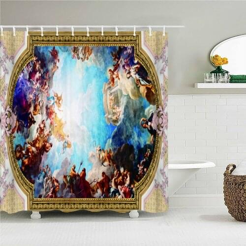 Vintage European Church Mural Fabric Shower Curtain Bathroom Curtains Angel Virgin Decor Waterproof Bath Screen with 12 Hooks